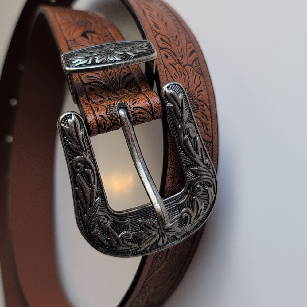 Brown Embossed Faux Leather Pleather Cowgirl Cowboy Western Tooled Belt